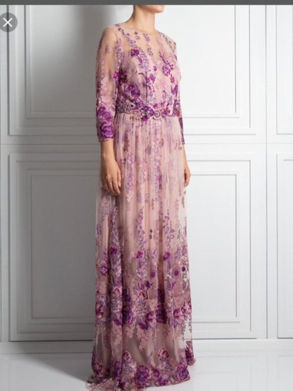 David Meister Pink Lavender Floral 3/4 Quarter Sleeve Gown